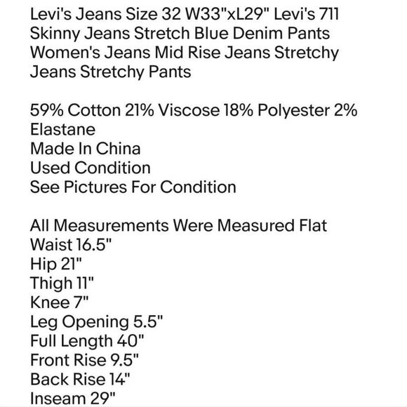 Levi's Jeans Size 32 W33"xL29" Levi's 711 Skinny Jeans Stretch Blue Denim Pants - Picture 2 of 7